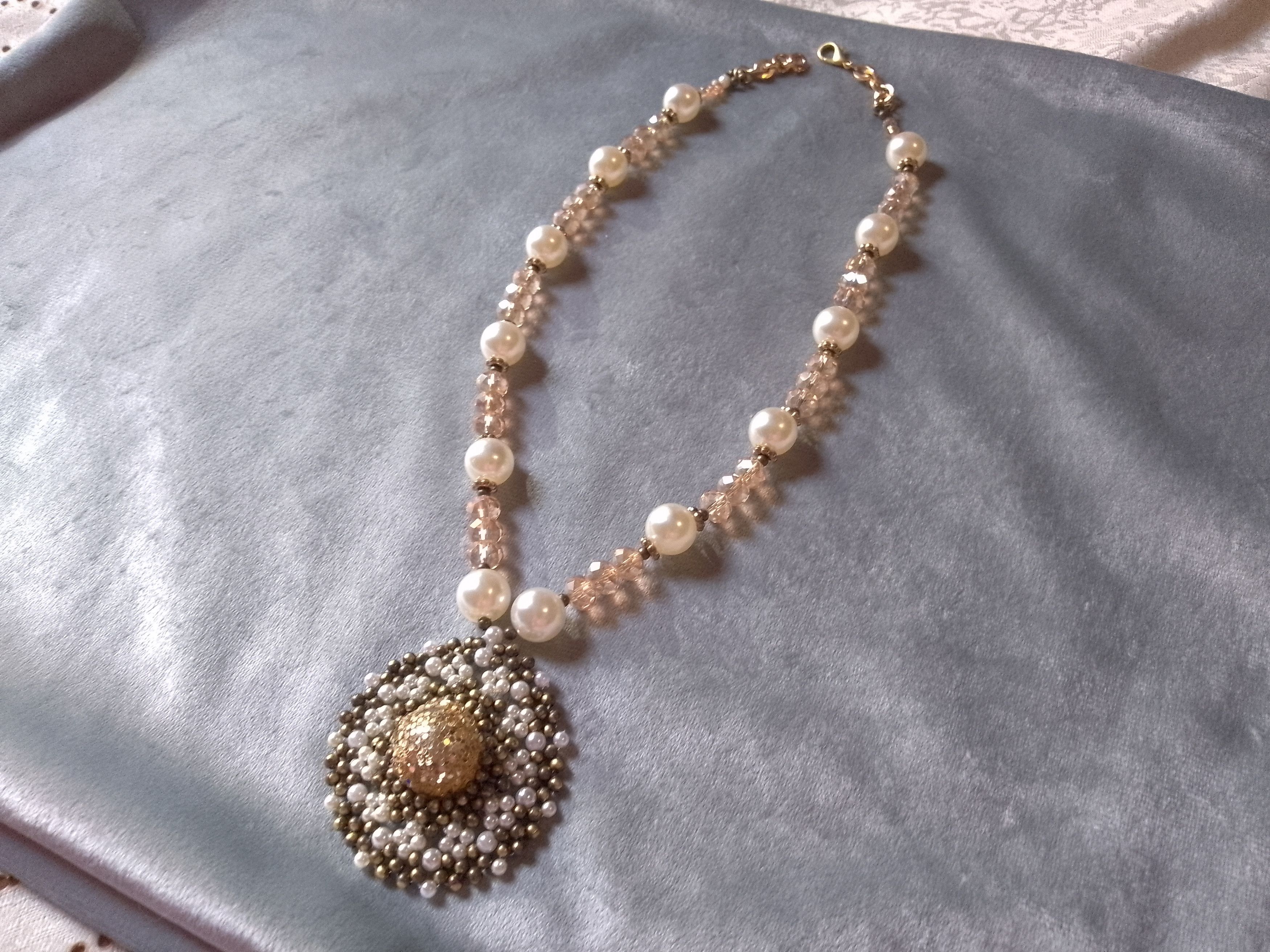 Handmade Necklace.Long Vintage style. Crystal Pearls beaded Pendant Size ONE SIZE - 6 Thumbnail