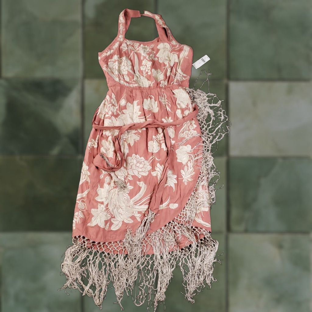 Anthropologie Dress Womens 8 Pink Rose Halter Embroidered Floral Fringe Hem  Belt