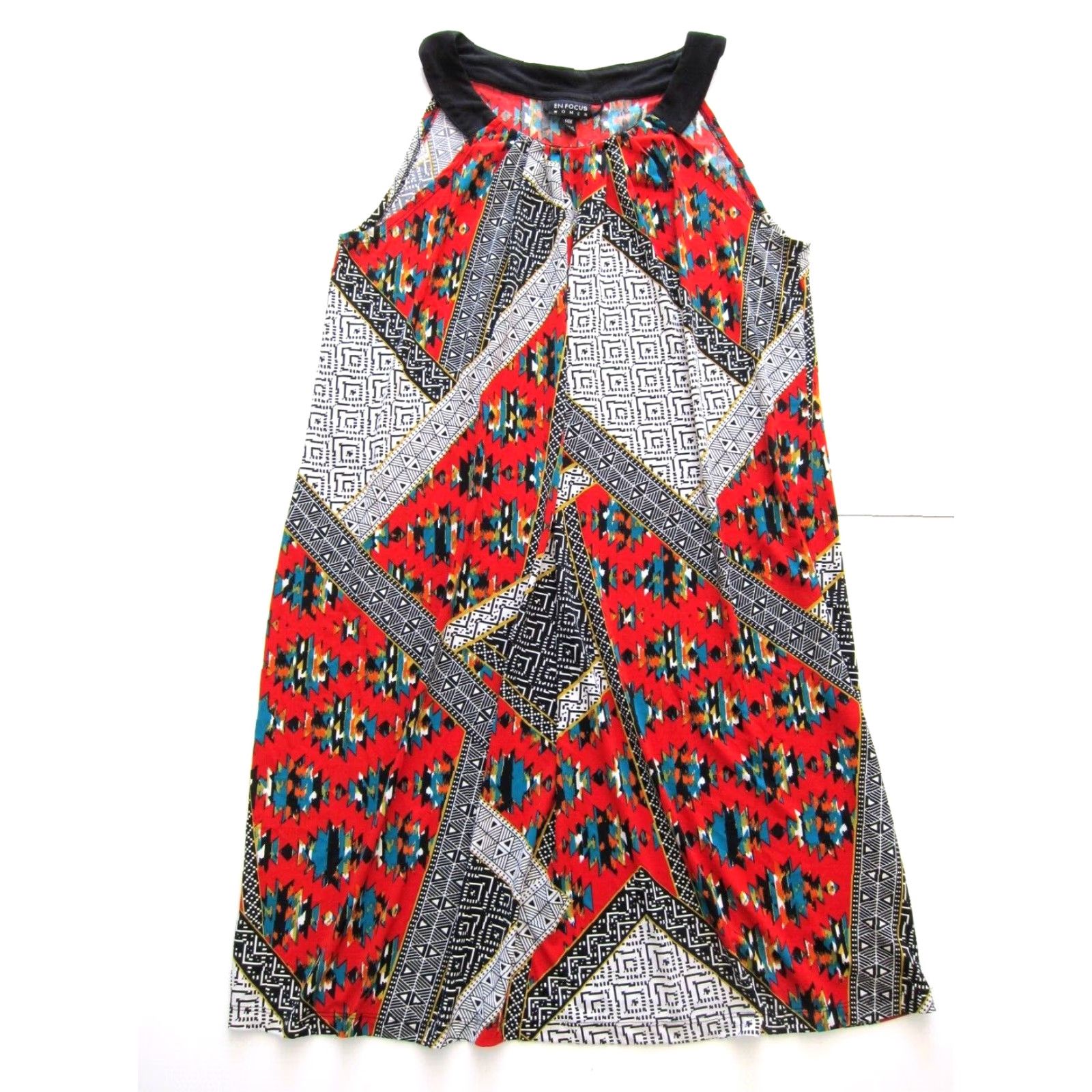 Vintage VINTAGE En Focus Geometric Stretch Tunic Sheath Shift Tank Dress 14W Red Black Green Midi Dress Womens Size XL / US 12-14 / IT 48-50 - 2 Thumbnail
