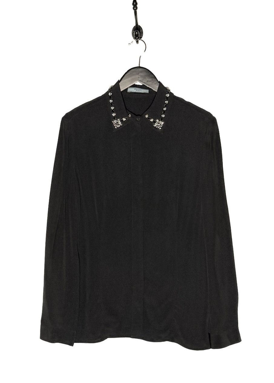Prada Prada Black Silk Crystal Embellished Collar Blouse Size S / US 4 / IT 40 - 1 Thumbnail