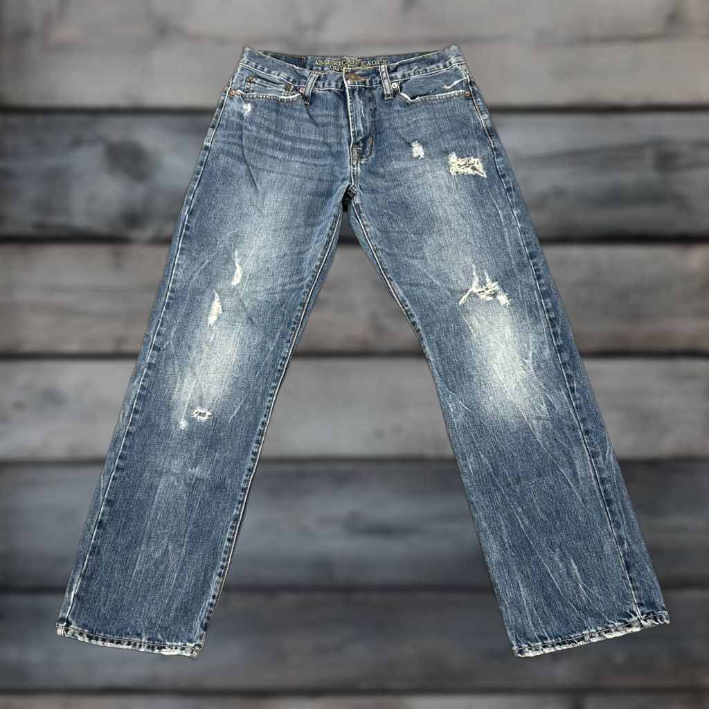 American Eagle Outfitters American Eagle Jeans Mens 30x30 Blue Relaxed Straight Medium Distressed Size US 30 / EU 46 - 1 Thumbnail