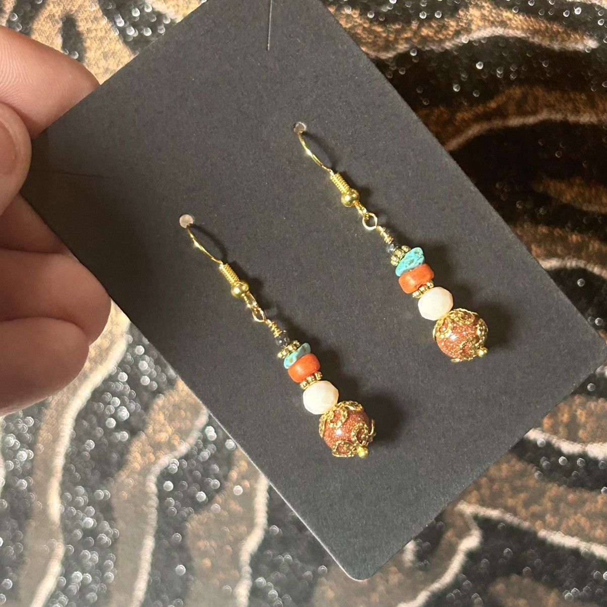 Handmade Handcrafted elegant filigree goldstone coral earrings Size ONE SIZE - 1 Thumbnail