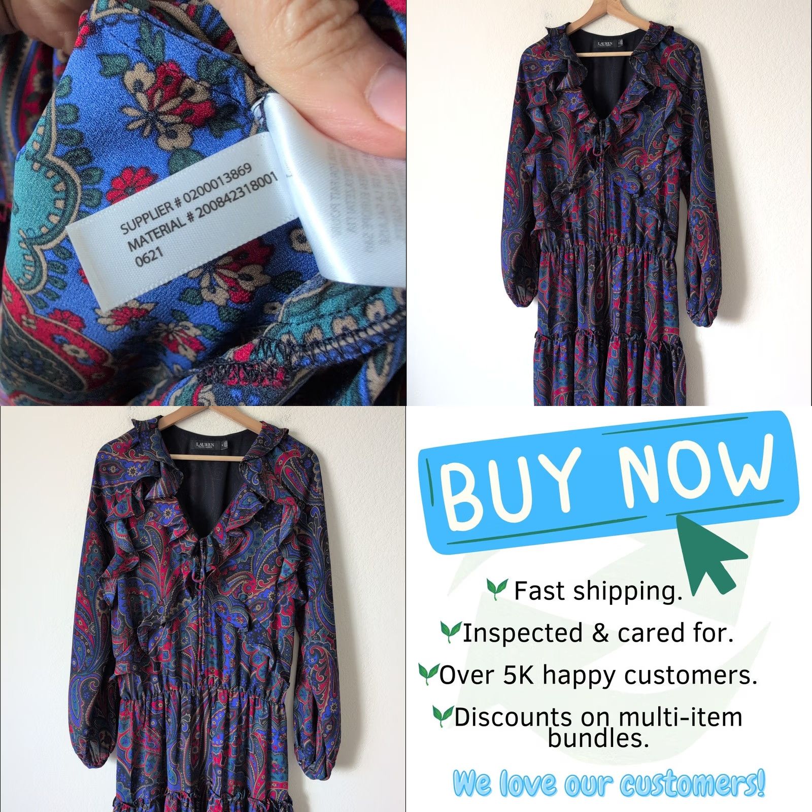 Ralph Lauren VINTAGE Ralph Lauren Maxi Dress 6 Blue Red Print Paisley Georgette Long-Sleeve Womens Girls Size M / US 6-8 / IT 42-44 - 9 Thumbnail
