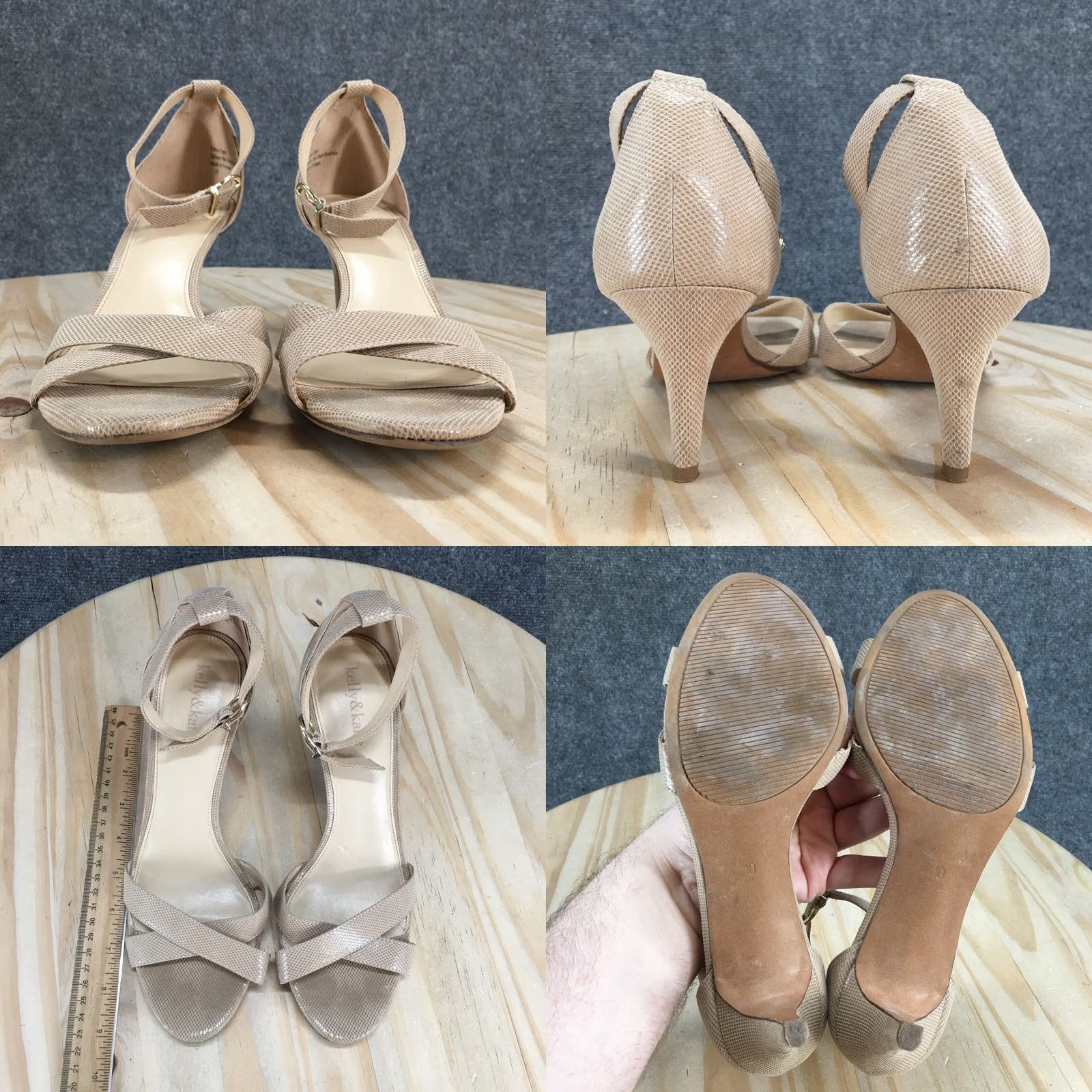 Vintage Kelly & Katie Heels Womens Strappy Beige Fabric Open Toe Casual Stiletto Size 10 Shoes Burnished Buckle Platform Womens Shoes Size US 8 / IT 38 - 8 Thumbnail