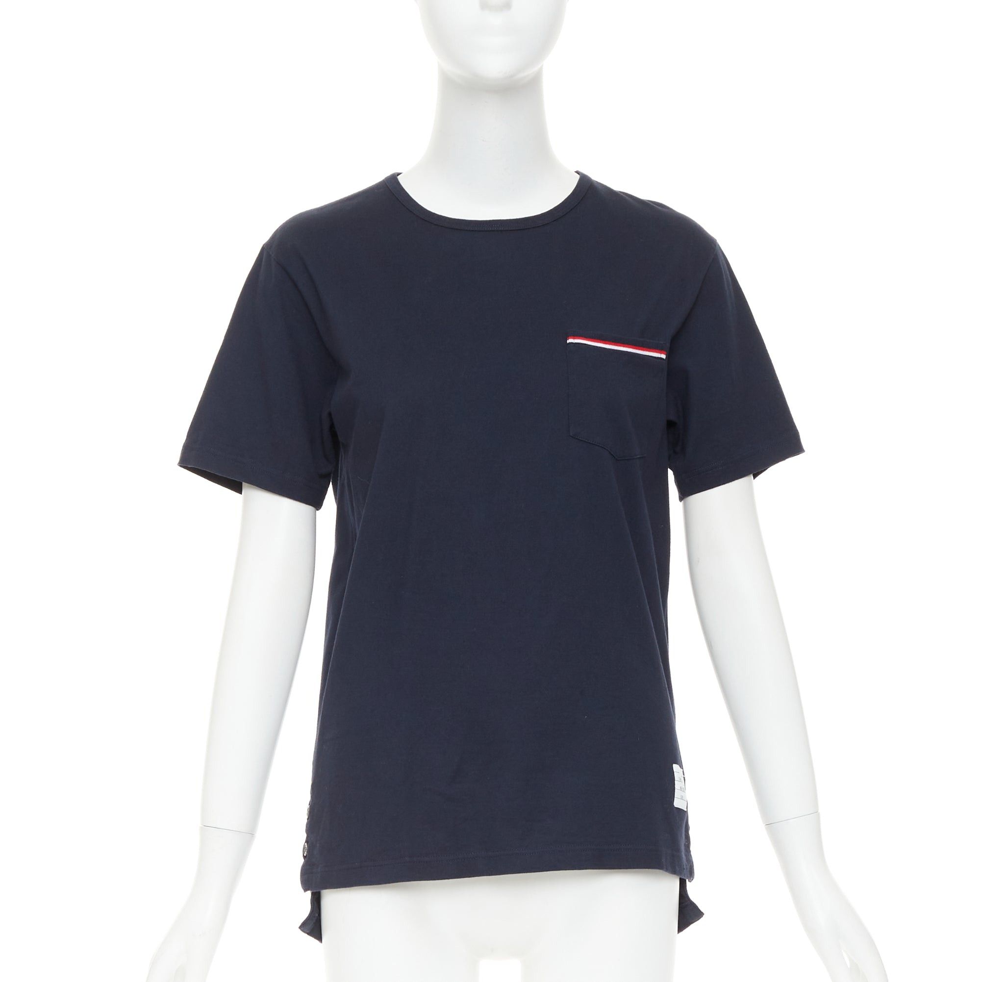 Thom Browne THOM BROWNE 2022 navy cotton RWB stripe trim short sleeve pocket tshirt Sz1 S Size S / US 4 / IT 40 - 1 Thumbnail