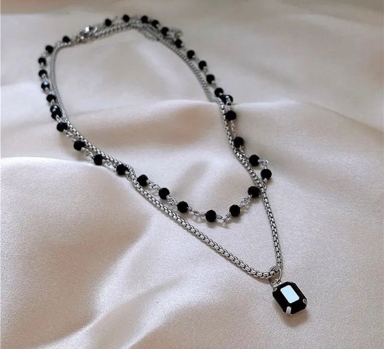 Jewelry Double Layered Black Stone Square Necklace Size ONE SIZE - 1 Thumbnail