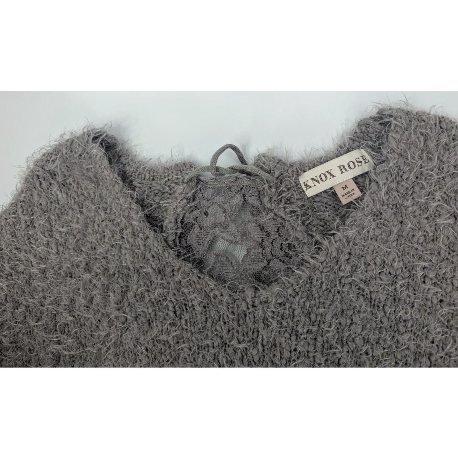 Vintage Knox Rose Sweater M Gray V-Neck Back Cutout Fuzzy Long Sleeve Pullover Women Shirt Size M / US 6-8 / IT 42-44 - 6 Thumbnail