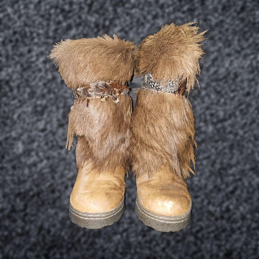 Vintage BearPaw Kola II Real Fur Boots Goat Fur Cow Skin Feather Boho Y2K Womens Size 7 Brown Boots Casual Womens Boots Size US 6 / IT 36 - 1 Thumbnail