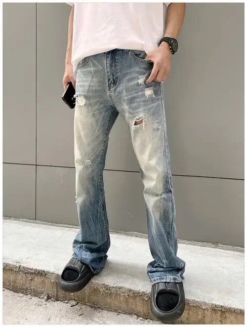 Jean Blue damaged faded flared punk grunge jeans Size US 32 / EU 48 - 3 Thumbnail