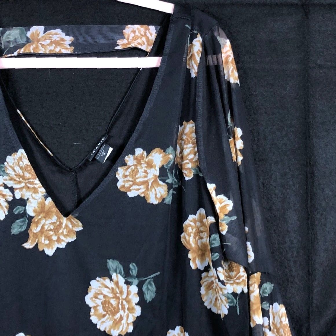 Torrid Torrid Blouse Womens Black Yellow Floral V Neck Sheer Long Sleeve Stretch 2X Year-Round Casual Workwear Ladies Size XXL / US 16-18 / IT 52-54 - 5 Thumbnail