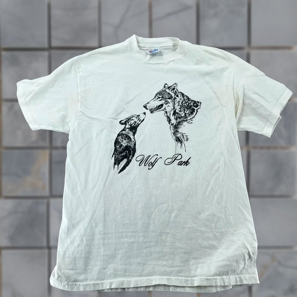 Hanes VINTAGE Wolf Park T-Shirt Mens L White USA 90s Outdoor Graphic Print Hanes Shirt Mens Size US L / EU 52-54 / 3 - 1 Thumbnail