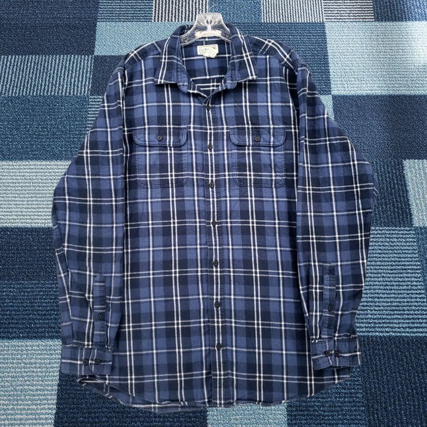 Ll Bean Button Up Shirt Men Large Tall Blue Plaid Flannel Slightly Fitted, Men's