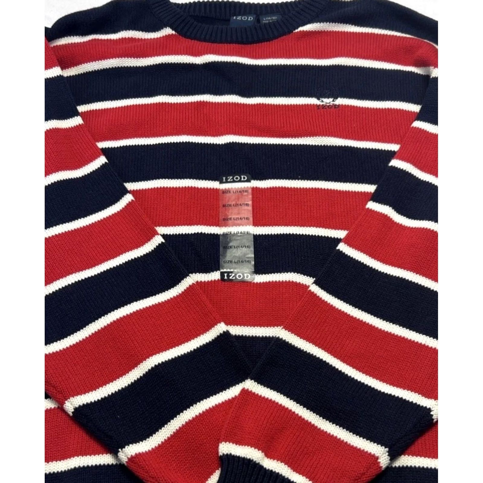 Izod IZOD Mens L Sweater Red Navy Striped Crewneck Logo 100% Cotton NWT Knit Crew Neck Long Sleeve Pullover Vintage? No Size US L / EU 52-54 / 3 - 3 Thumbnail