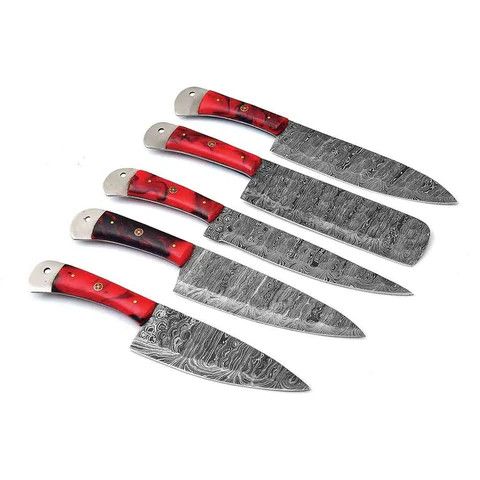 Other Damascus Kitchen Knife Set of 5 with Resin Red Handles Size ONE SIZE - 4 Thumbnail
