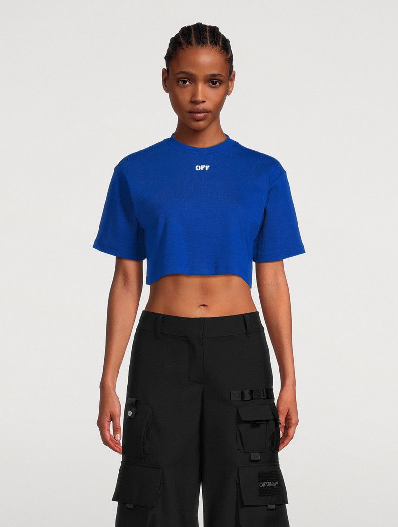 Off-White o1mle0425 Stamp Ribbed Cropped T-Shirt in Blue Size M / US 6-8 / IT 42-44 - 2 Thumbnail