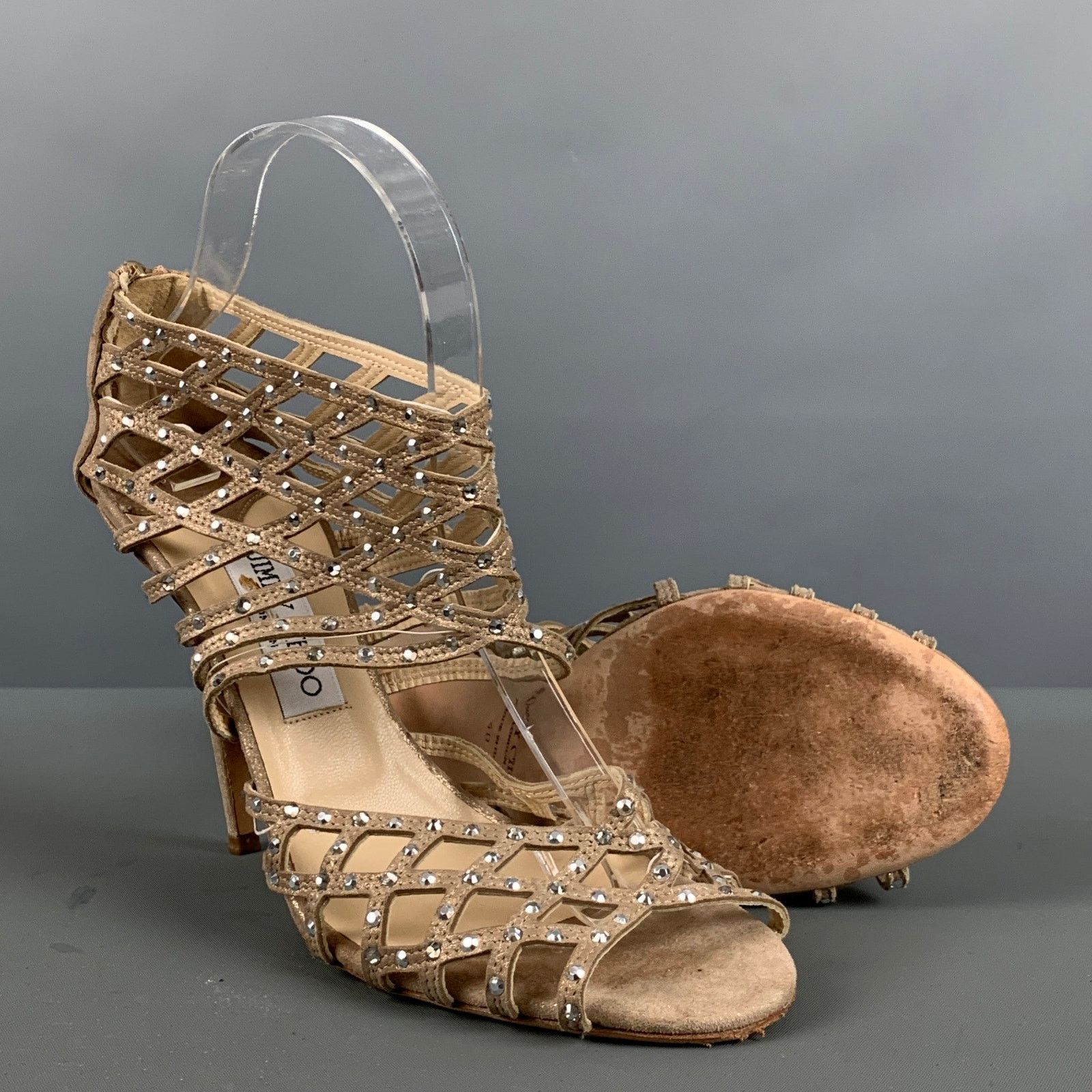 Jimmy Choo JIMMY CHOO 10 Beige Gold Suede Rhinestones Ankle Sandals Size US 10 / IT 40 - 5 Thumbnail