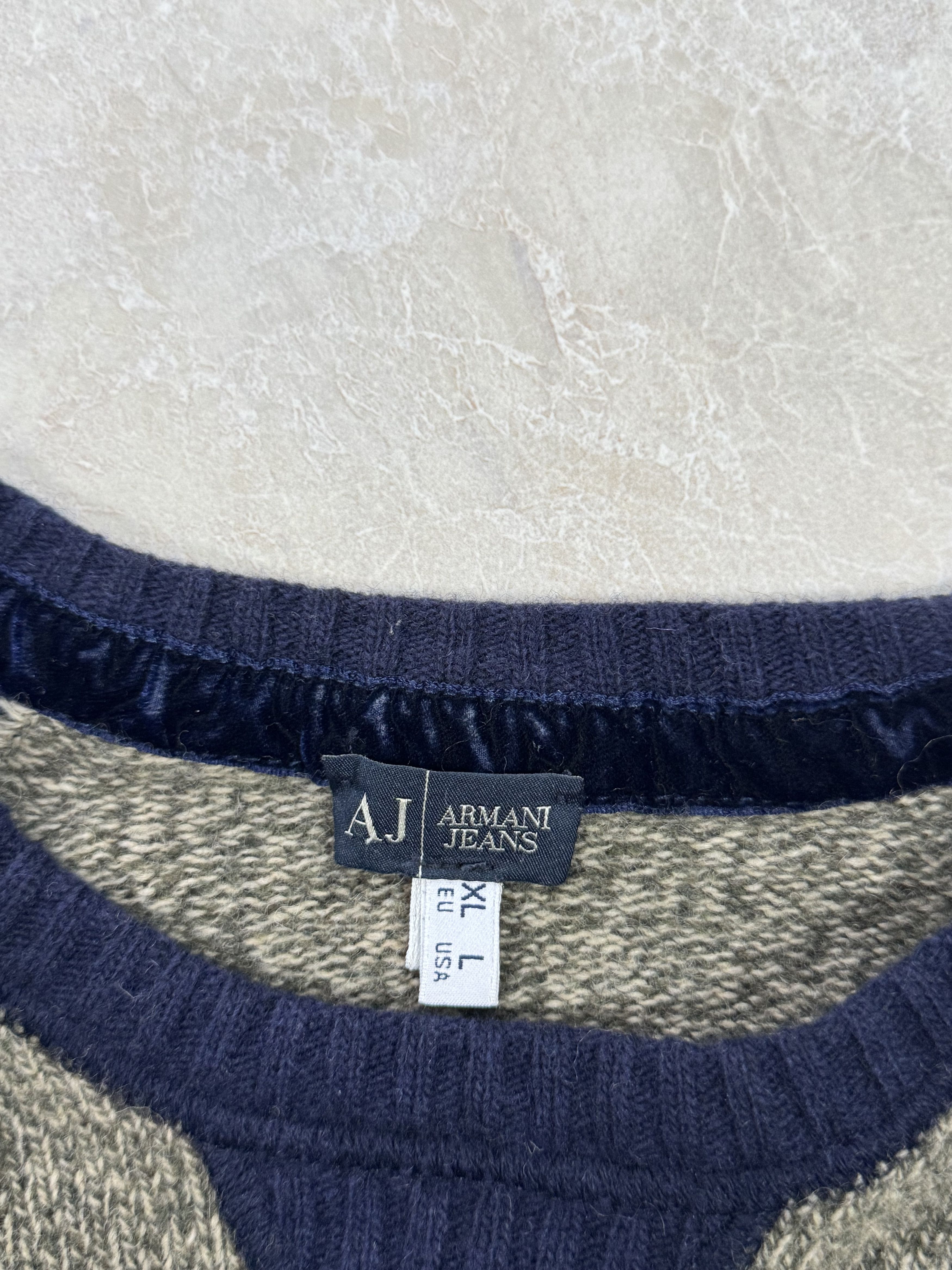 Giorgio Armani Vintage Armani Jeans Beige & Navy 00S Wool Knit Jumper Size US XL / EU 56 / 4 - 6 Thumbnail