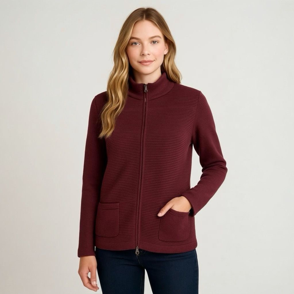 Other Olsen Long Sleeve Mock Neck Full Zip Ribbed Sweater Maroon Size S / US 4 / IT 40 - 1 Thumbnail