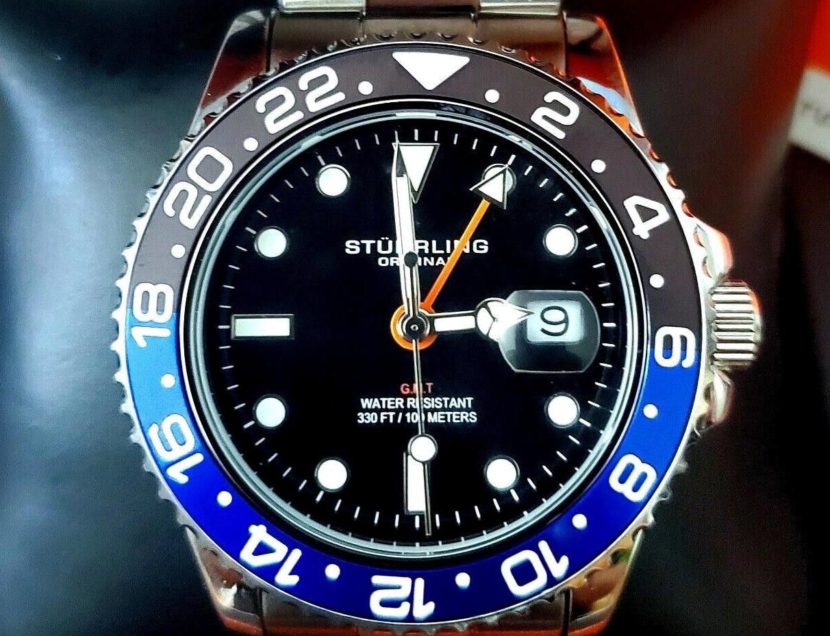 Rare Swiss Batman Stuhrling GMT Stainless Mens Diver Watch