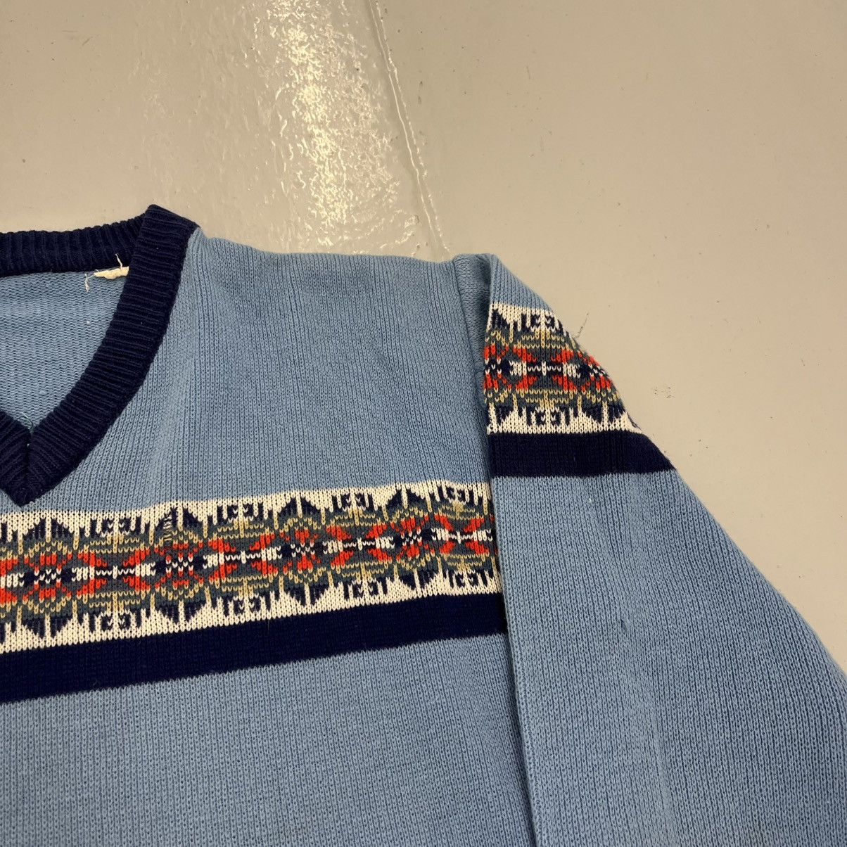 Other Vintage 70s Blue Pattern Acrylic V-Neck Sweater Size US M / EU 48-50 / 2 - 2 Thumbnail