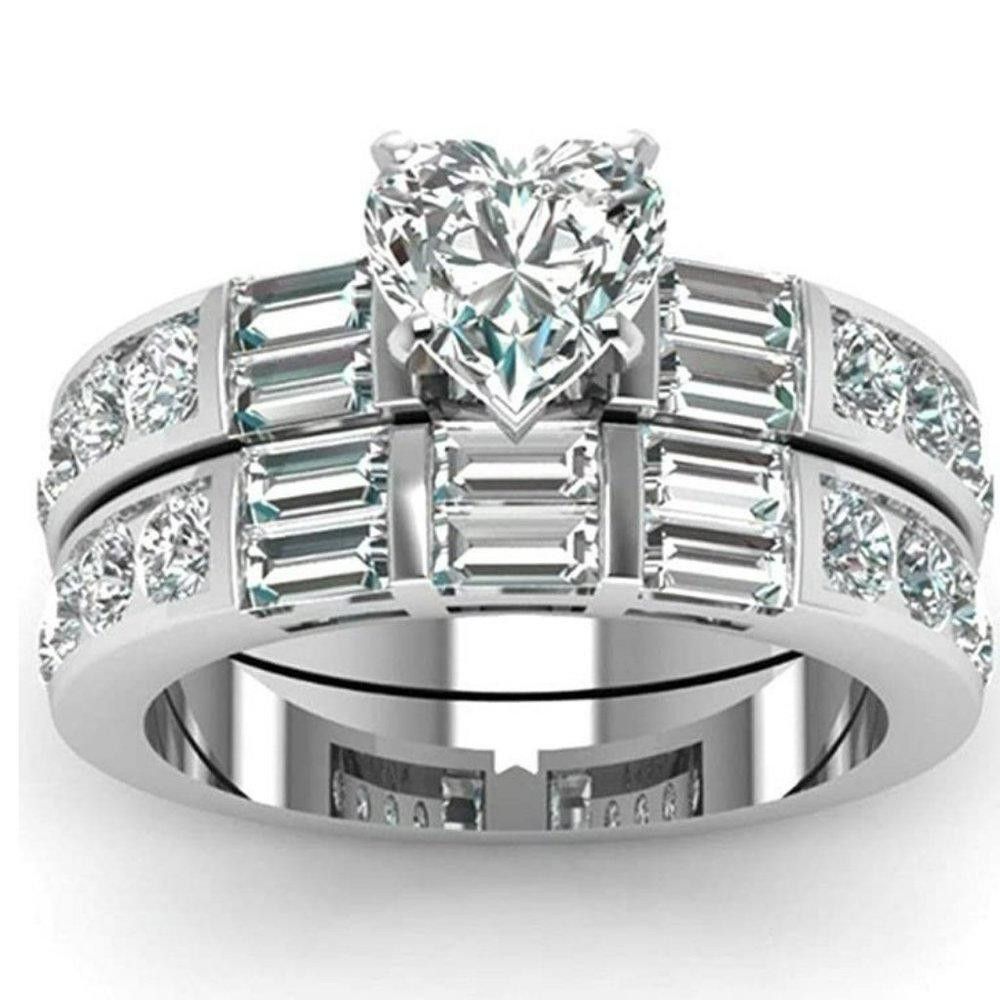 Designer 2pcs Heart Shaped Silver Engagement Ring Set - Size 5 Size ONE SIZE - 5 Thumbnail