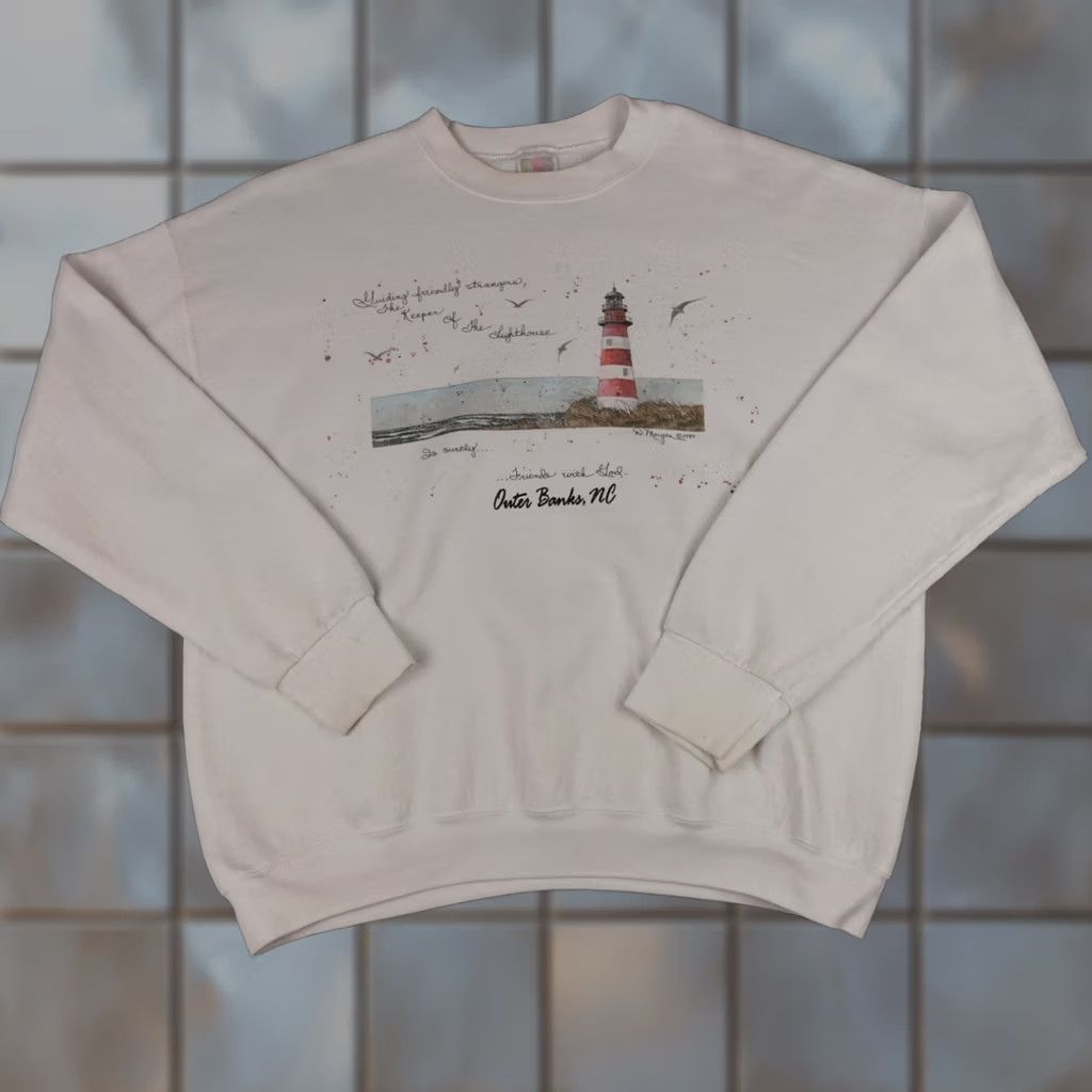 Fruit Of The Loom Vintage Fruit of the Loom Sweatshirt Mens XL White Crewneck Lighthouse Art Beach 1990 Size US XL / EU 56 / 4 - 1 Thumbnail