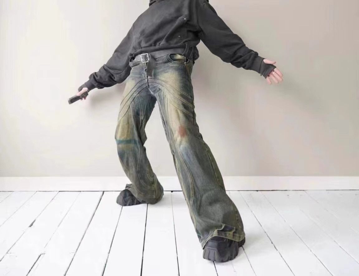Japanese Brand × Jean Retro distressed splash striped wide-leg draped jeans Size US 32 / EU 48 - 2 Thumbnail