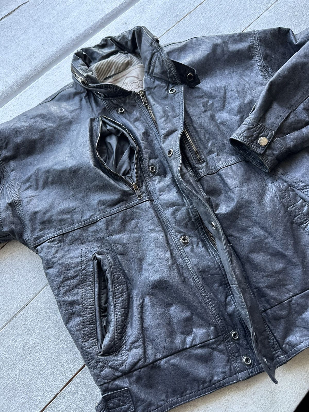 Other 🚨VNTG LEATHER JACKET AVANT GARDE ASYMMETRICAL DARK BLUE/GRAY Size US M / EU 48-50 / 2 - 9 Thumbnail