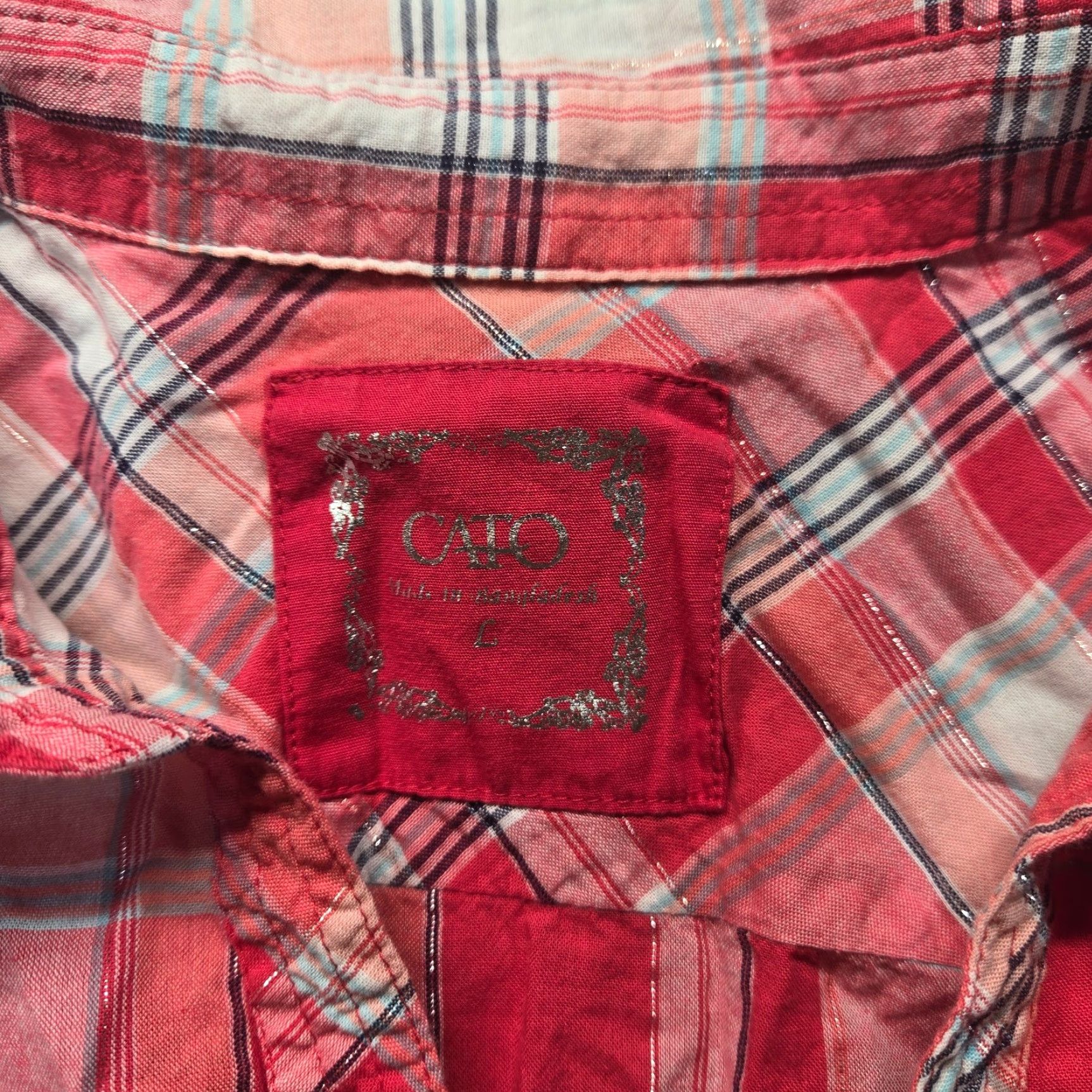 Vintage Cato Shirt Womens Large L Red Plaid Long Sleeve Roll Tab Snap Button Vintage? (Note: vintage rule; but item not vintage. Use NO Vintage. Use not add.) Size L / US 10 / IT 46 - 3 Thumbnail