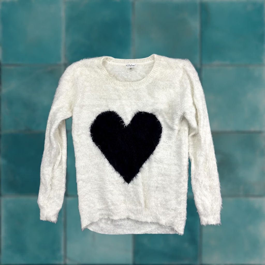 Vintage P.J. Salvage Sweater Womens Small White Black Heart Fuzzy Eyelash Knit Pullover Size S / US 4 / IT 40 - 1 Thumbnail