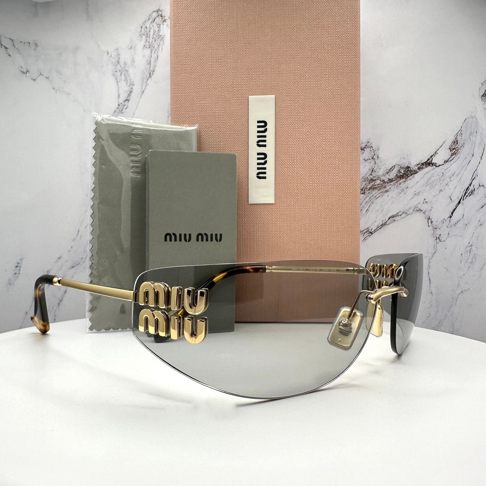 Miu Miu New MIU MIU Logo Sunglasses 2025 Runway Gold Slim Wrap Size ONE SIZE - 13 Thumbnail