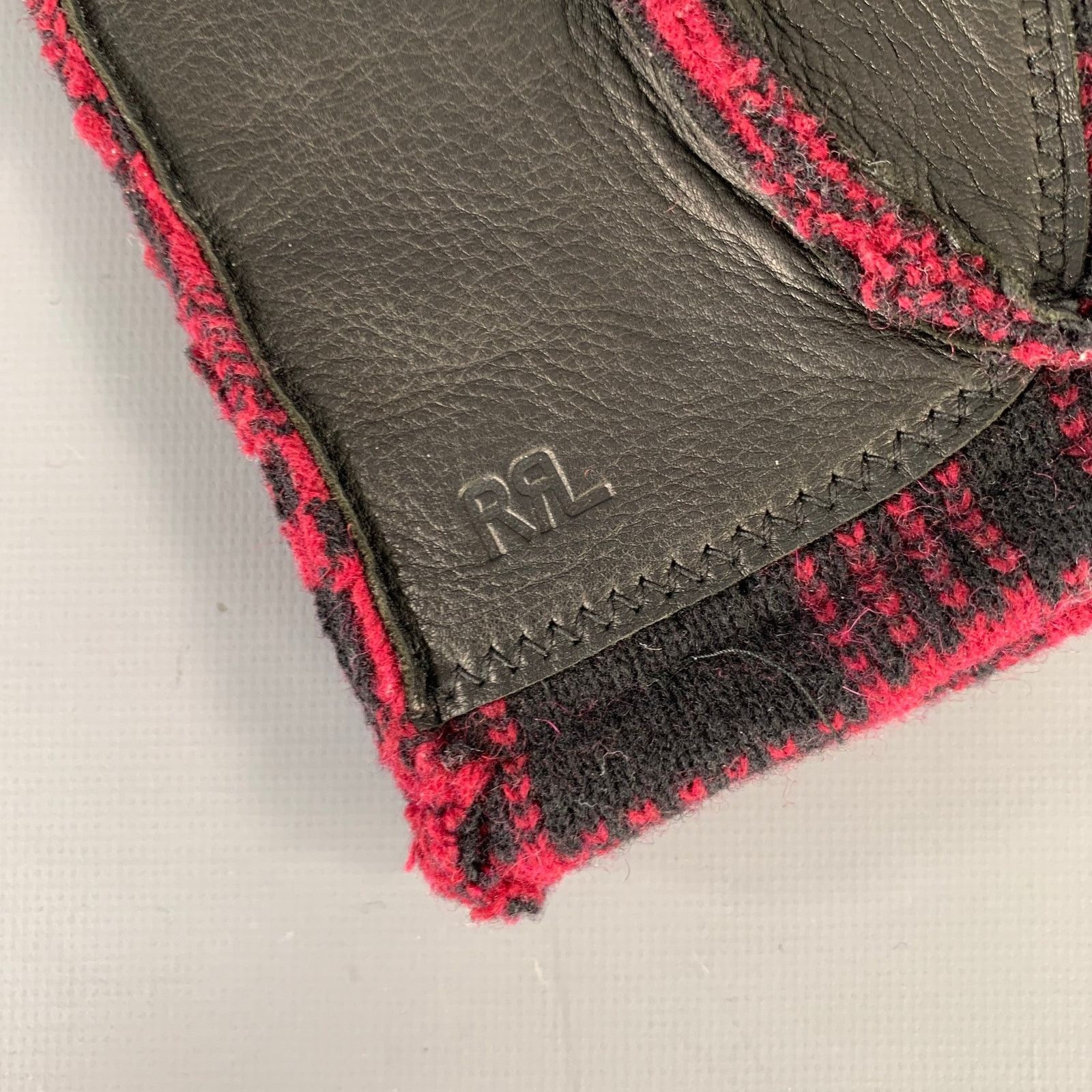 Ralph Lauren RRL S/M Red Black Plaid Wool Leather Gloves Size ONE SIZE - 3 Thumbnail