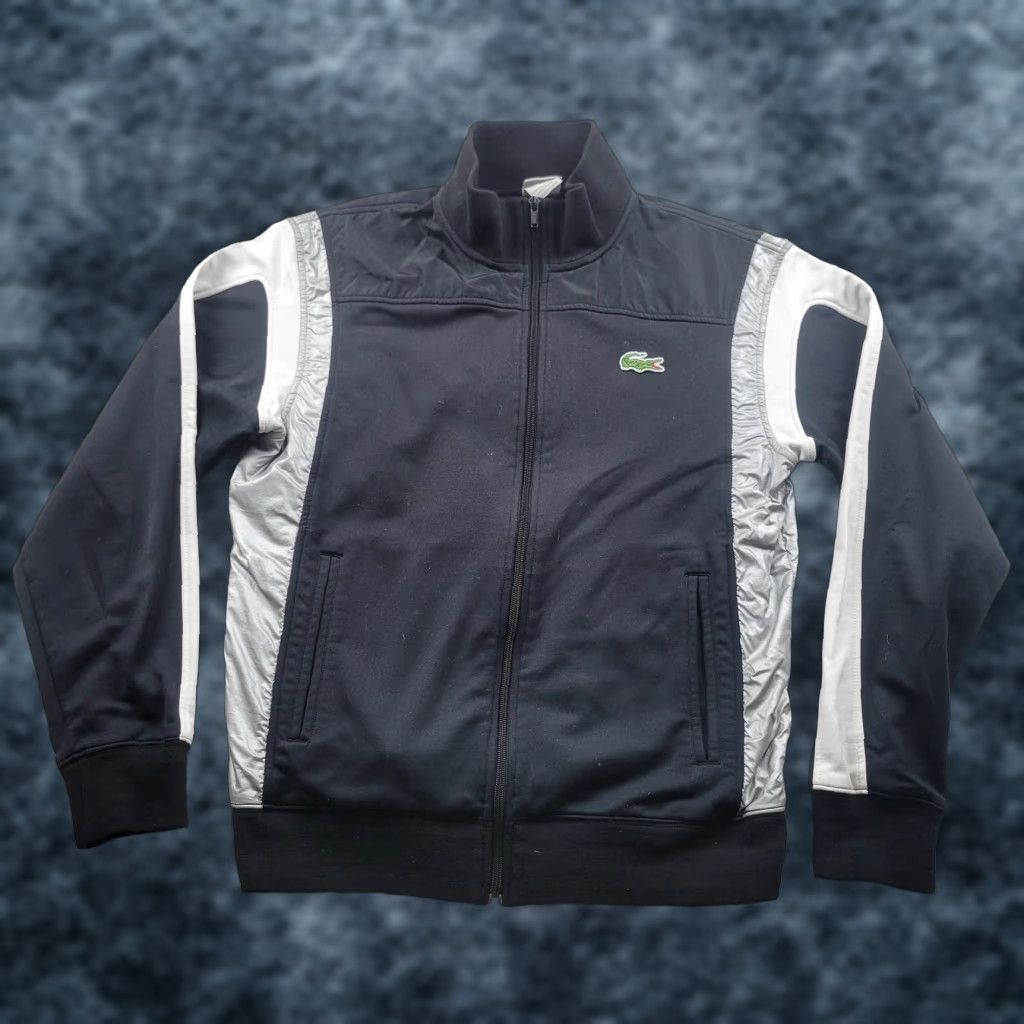 Lacoste Sport Track Jacket Mens L Black Gray Full Zip Embroidered Croc Logo Front Pockets Performance Knit
