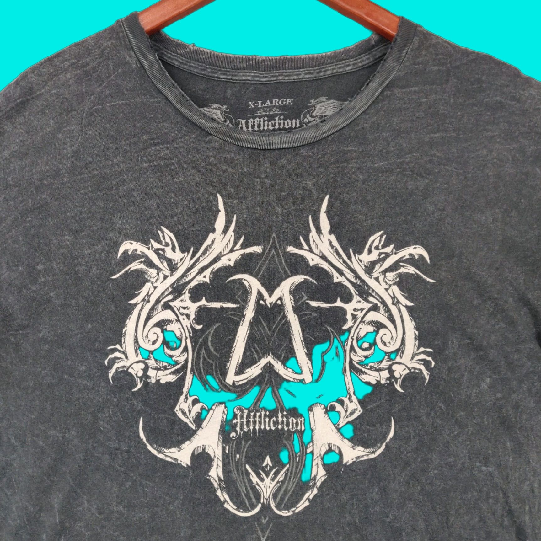 VINTAGE Affliction Shirt Mens XL Grey Short Sleeve Skulls Wings MMA Y2K