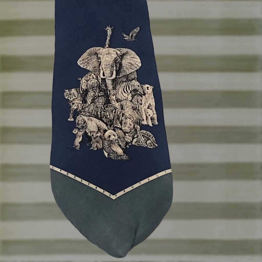 CO VINTAGE World Wildlife Fund WWF Design Animal Necktie Tie 58" x 3.75" Elephant & Co Blue Silk Men Tie Size ONE SIZE - 1 Thumbnail
