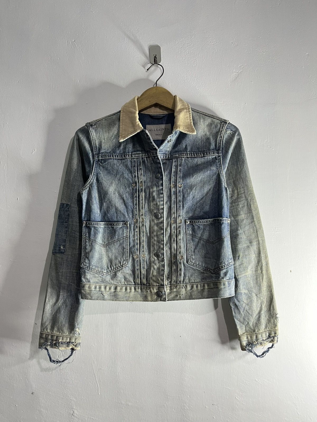 Allsaints denim destroyed boro style trucker jeans