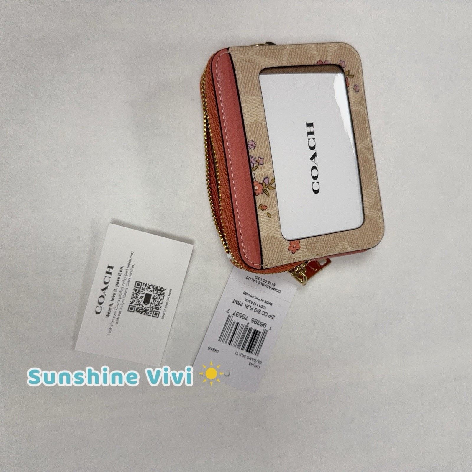 Coach NWT Coach Zip Card Case With Floral Print CAU45 Gold/Sand Size ONE SIZE - 4 Thumbnail