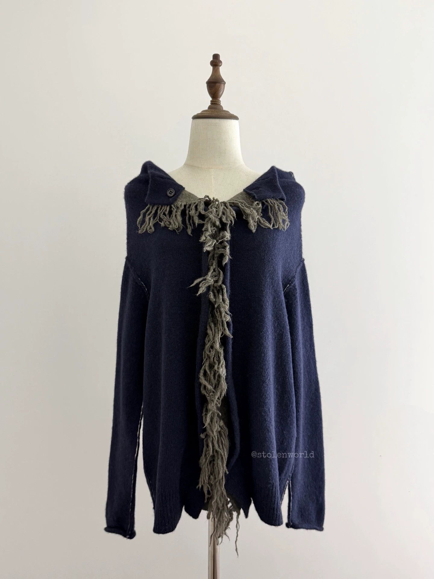 Y's Y's Tassel-Trimmed Navy Wool Knit Off-Shoulder Top Size XS / US 0-2 / IT 36-38 - 1 Thumbnail