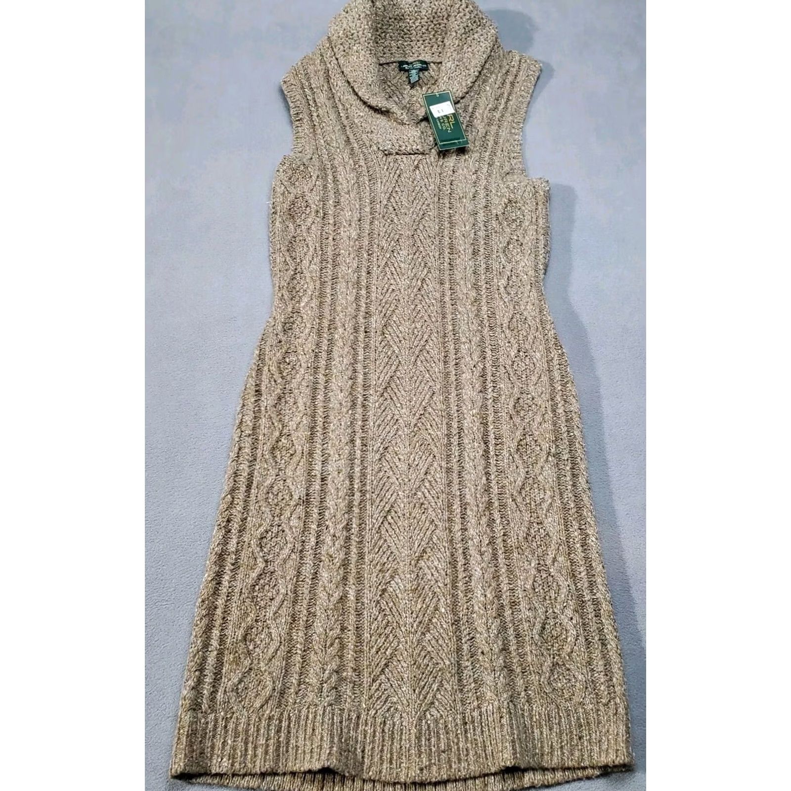 Ralph Lauren Lauren Ralph Lauren Sweater Dress Women Large Brown Wool Blend Shawl Cable Knit Chunky Pullover - 18" x 39" - Casual Knit Dress Size L / US 10 / IT 46 - 2 Thumbnail