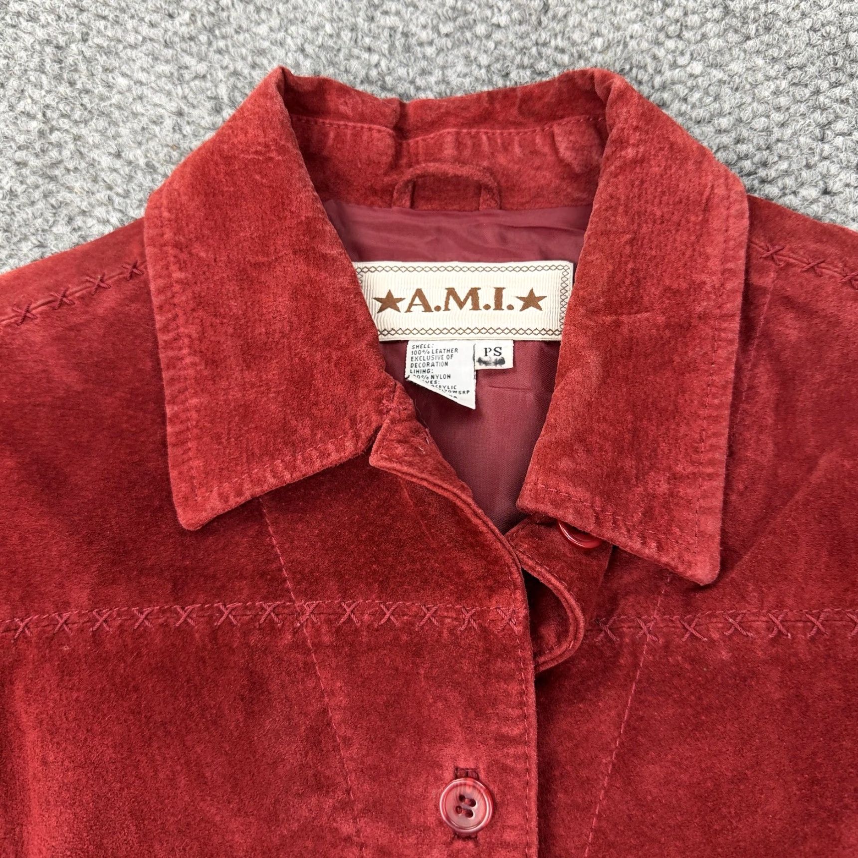 Vintage A.M.I Leather Jacket Womens Petite Small Red Suede Knit Sleeve Button Front Size S / US 4 / IT 40 - 2 Thumbnail