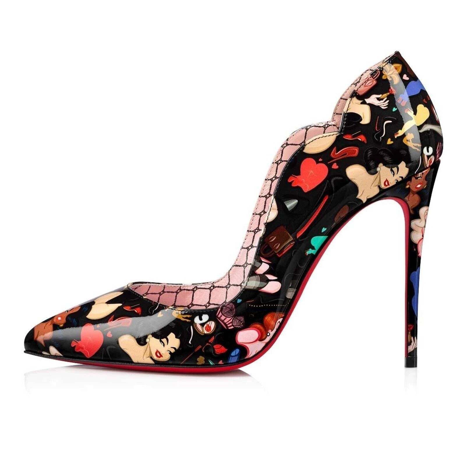 Christian Louboutin Hot Chick 100 Black Patent Leather Bored Red Heel Pump 39 Size US 9 / IT 39 - 3 Thumbnail