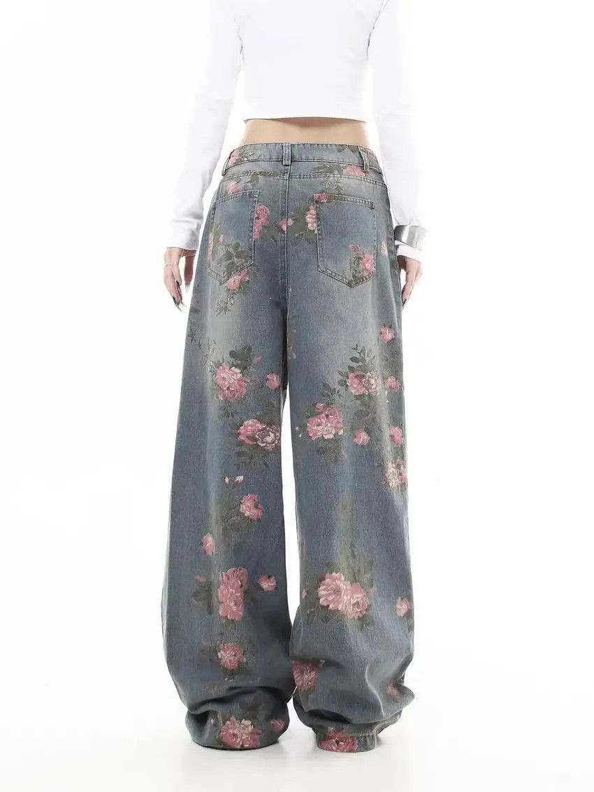 Designer × Japanese Brand Washed and aged full print straight leg baggy jeans Size US 33 - 2 Thumbnail