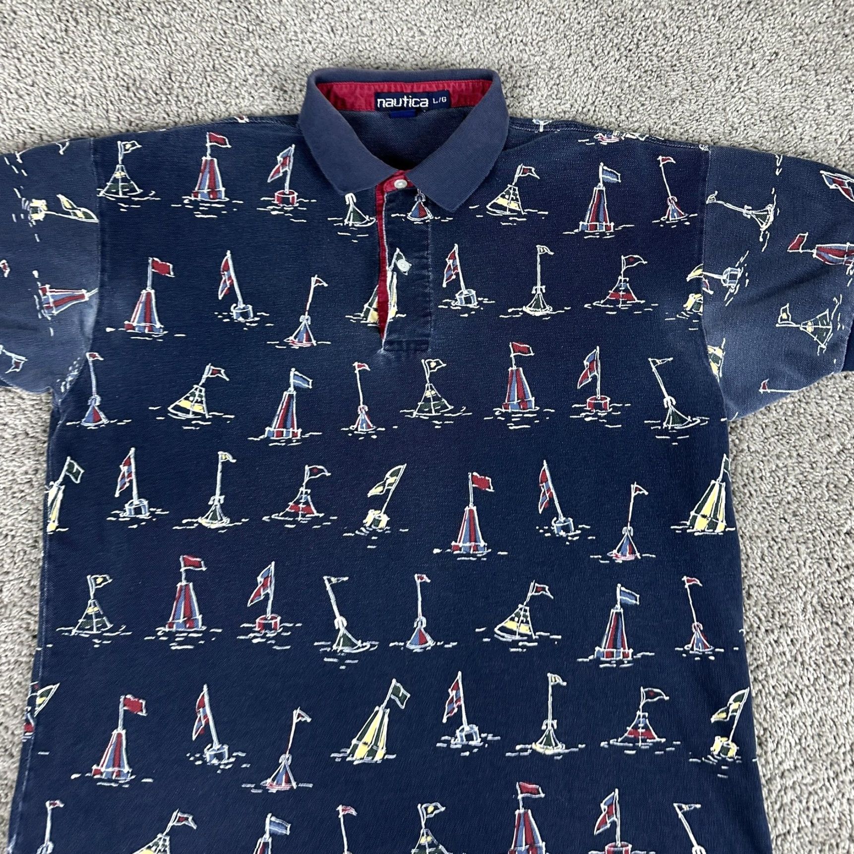 Nautica VINTAGE Nautica Polo Shirt Mens Large Sailboat Print Short Sleeve 90s Hong Kong Navy Collar 100% Cotton Graphic Print Passes Size US L / EU 52-54 / 3 - 3 Thumbnail