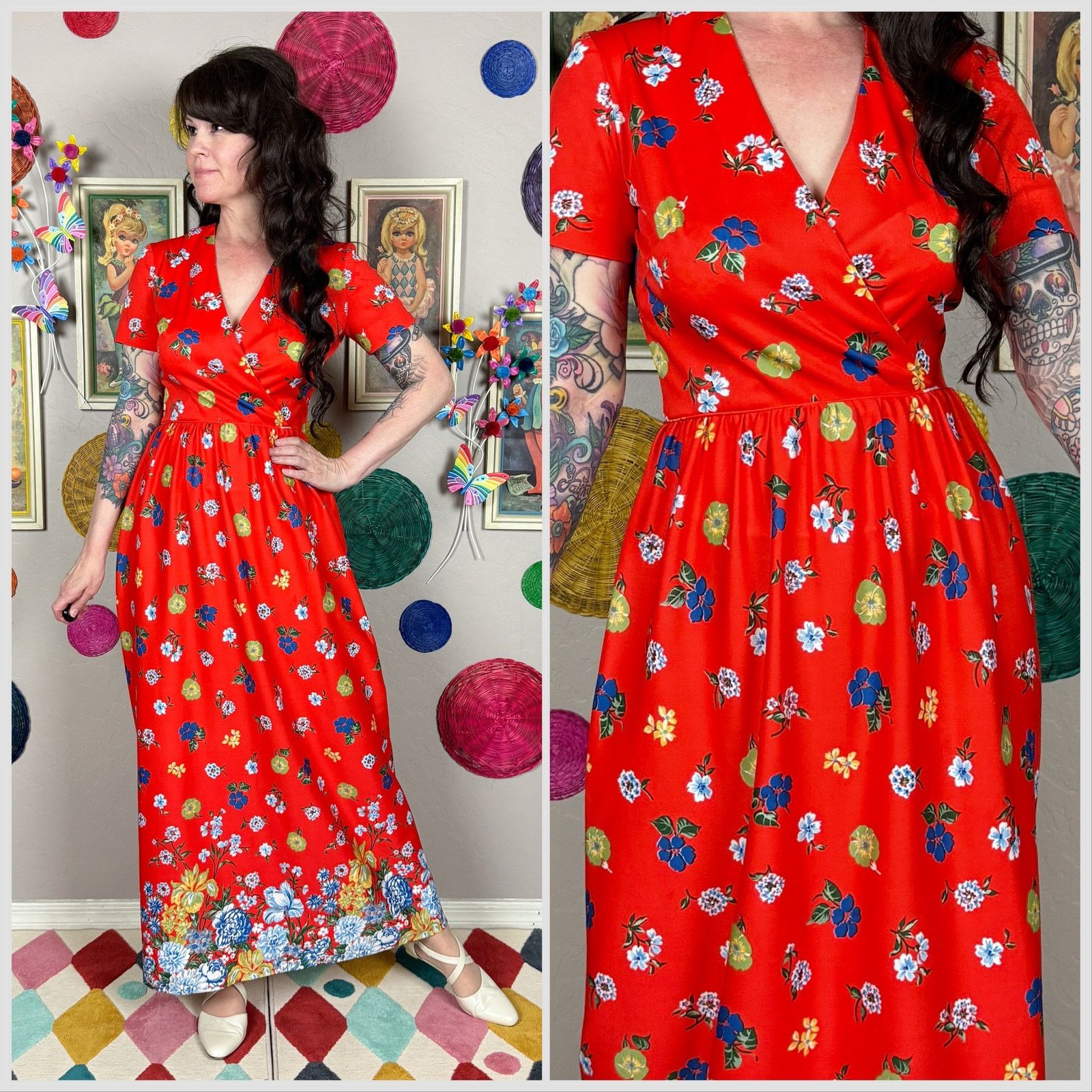 Vintage Vintage 1970s Red Floral Short Sleeve Maxi Dress Size S / US 4 / IT 40 - 1 Thumbnail