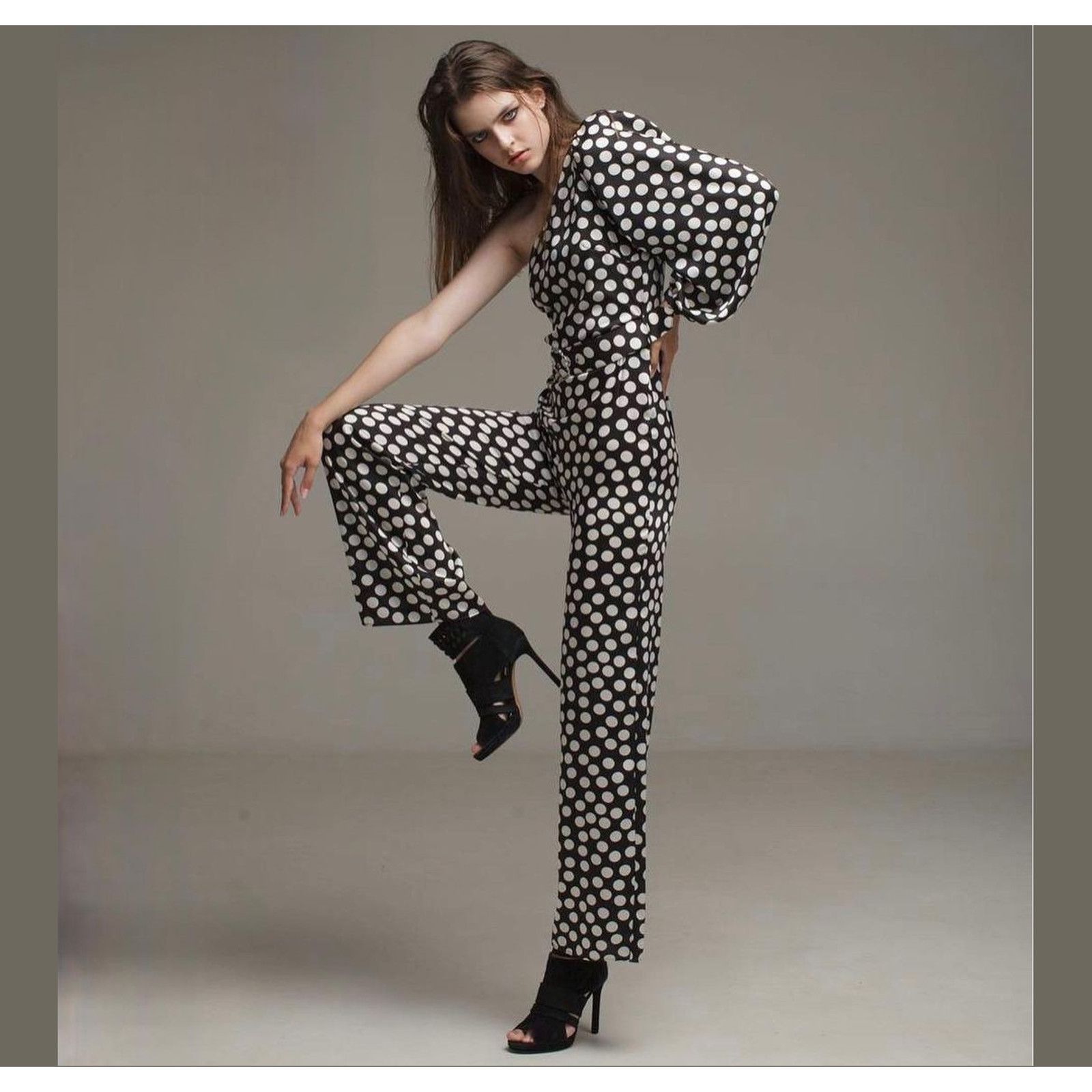 Mango Mango Polka Dot One Shoulder Jumpsuit Straight Leg NWT Size 34" / US 12 / IT 48 - 22 Thumbnail