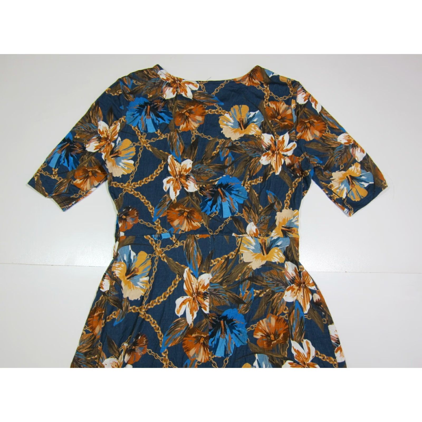 Vintage Orsay Floral Maxi Sundress Women 42/Large Rayon Spandex Stretch Long Dress Blue Orange Yellow Clear? Size L / US 10 / IT 46 - 6 Thumbnail