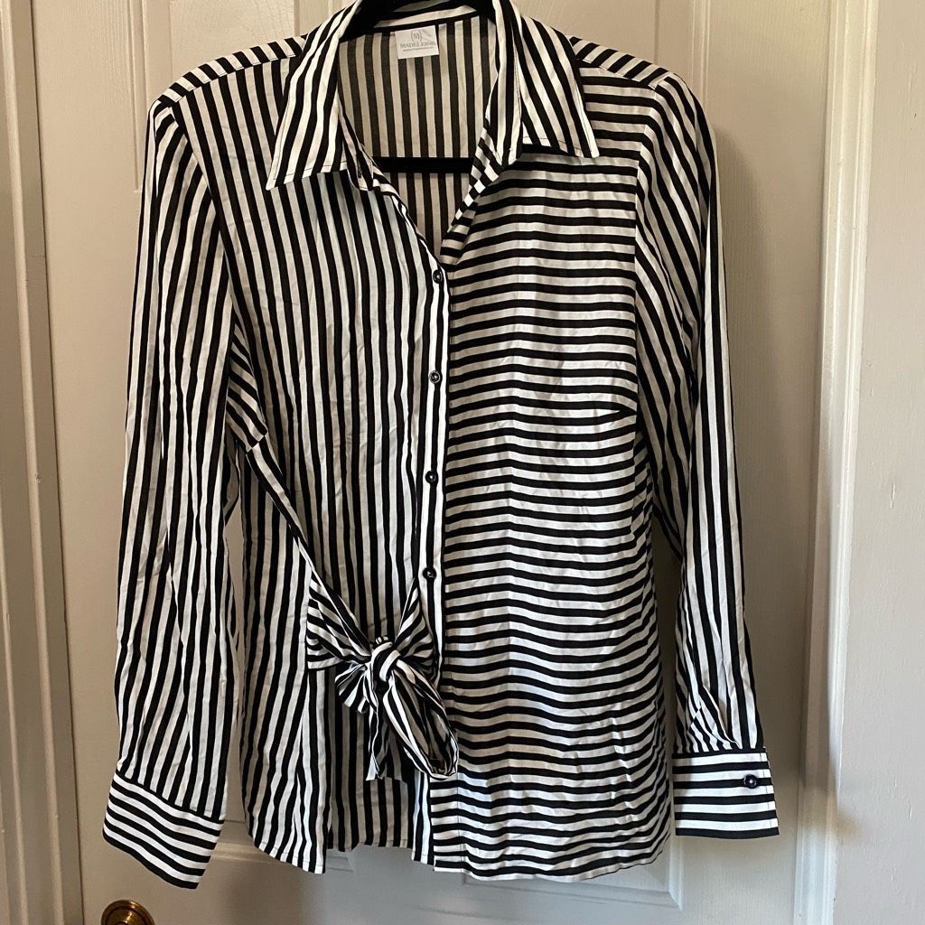 Revenge Madeleine Reverse Stripe Tye Button Blouse, Black White Shir Size XL / US 12-14 / IT 48-50 - 2 Thumbnail