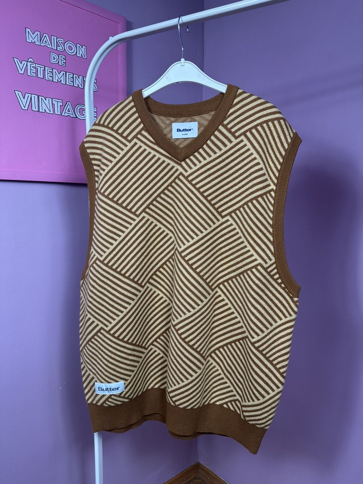 Butter Goods Parquet Knit Vest Brown Tan V-Neck Unisex Logo