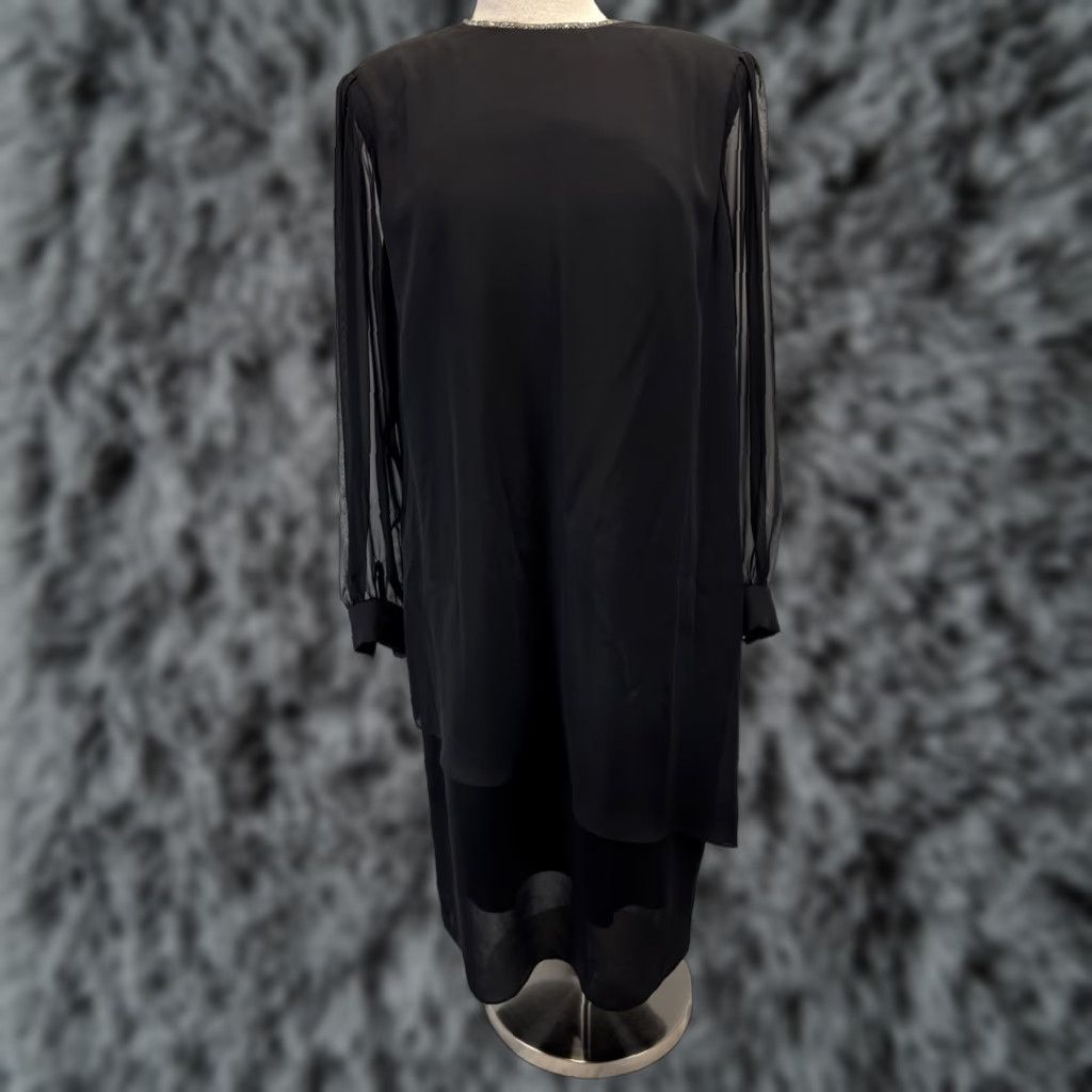 Vintage VINTAGE Patra Chiffon Shift Dress Sz 14 Women’s Black Beaded Neck Sleeves Sheer Midi 90s Party/Cocktail Womens Size XL / US 12-14 / IT 48-50 - 1 Thumbnail