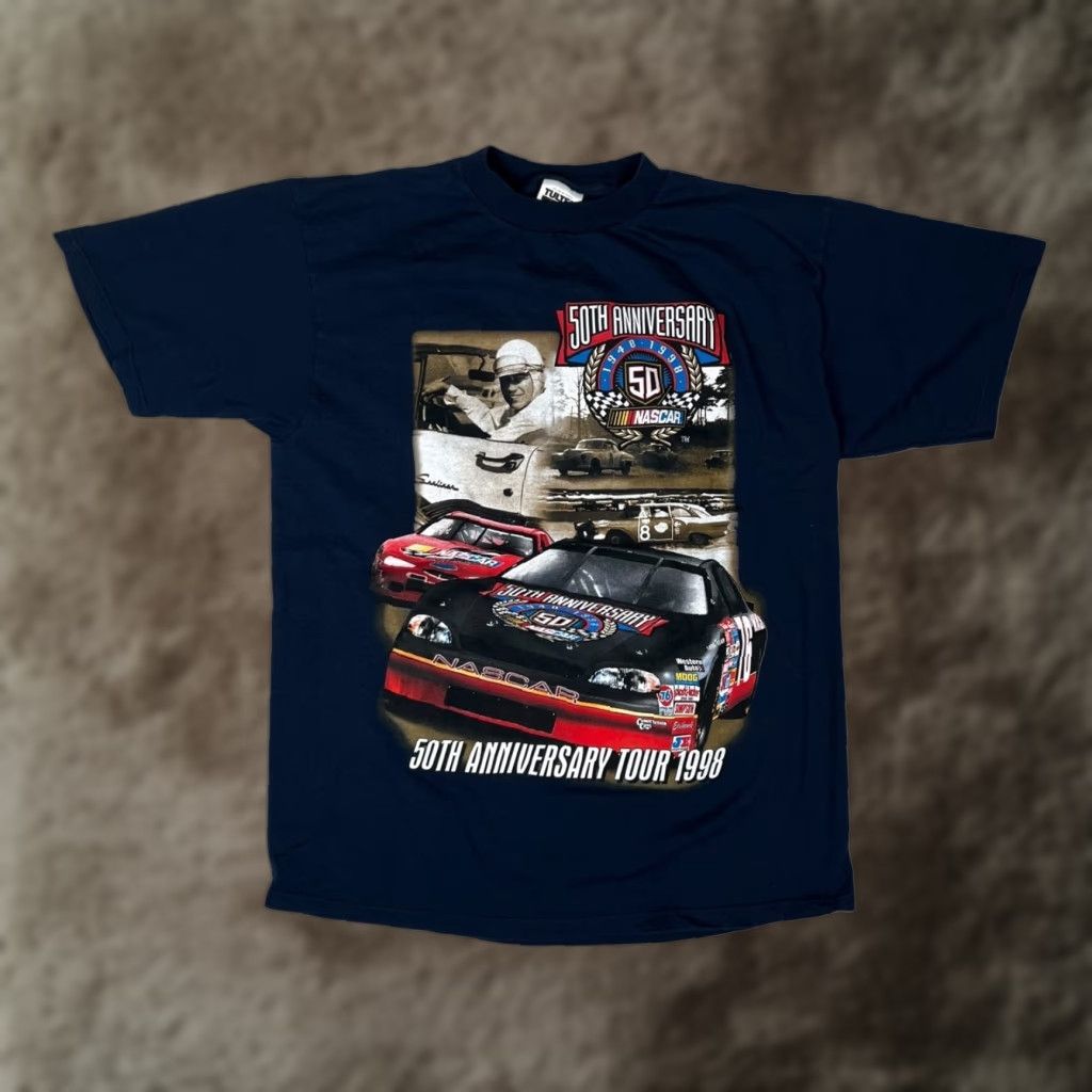 Tultex VINTAGE NASCAR 50th Anniversary Tour 1998 T-Shirt XL Blue Short Sleeve Crew Neck Double-Sided Mens 90s Car Graphic Print Tultex Shirt Size US XL / EU 56 / 4 - 1 Thumbnail